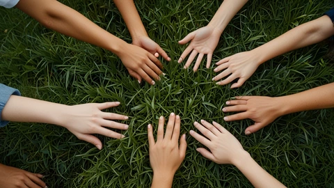 Auf dem Bild sind viele Hände auf einen Rasen zusehen